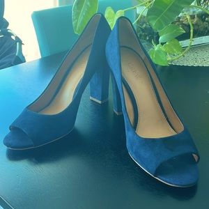 J. Crew Navy Blue Suede, Peep-Toe, Block-Style Heels